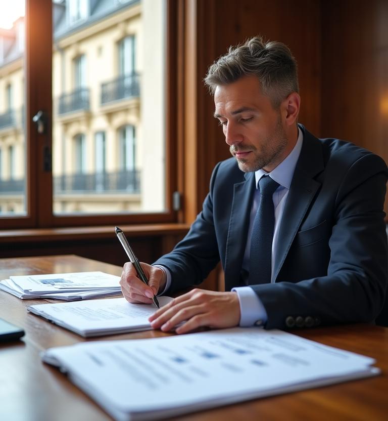 Avocat consultant des dossiers juridiques dans un bureau moderne à Paris